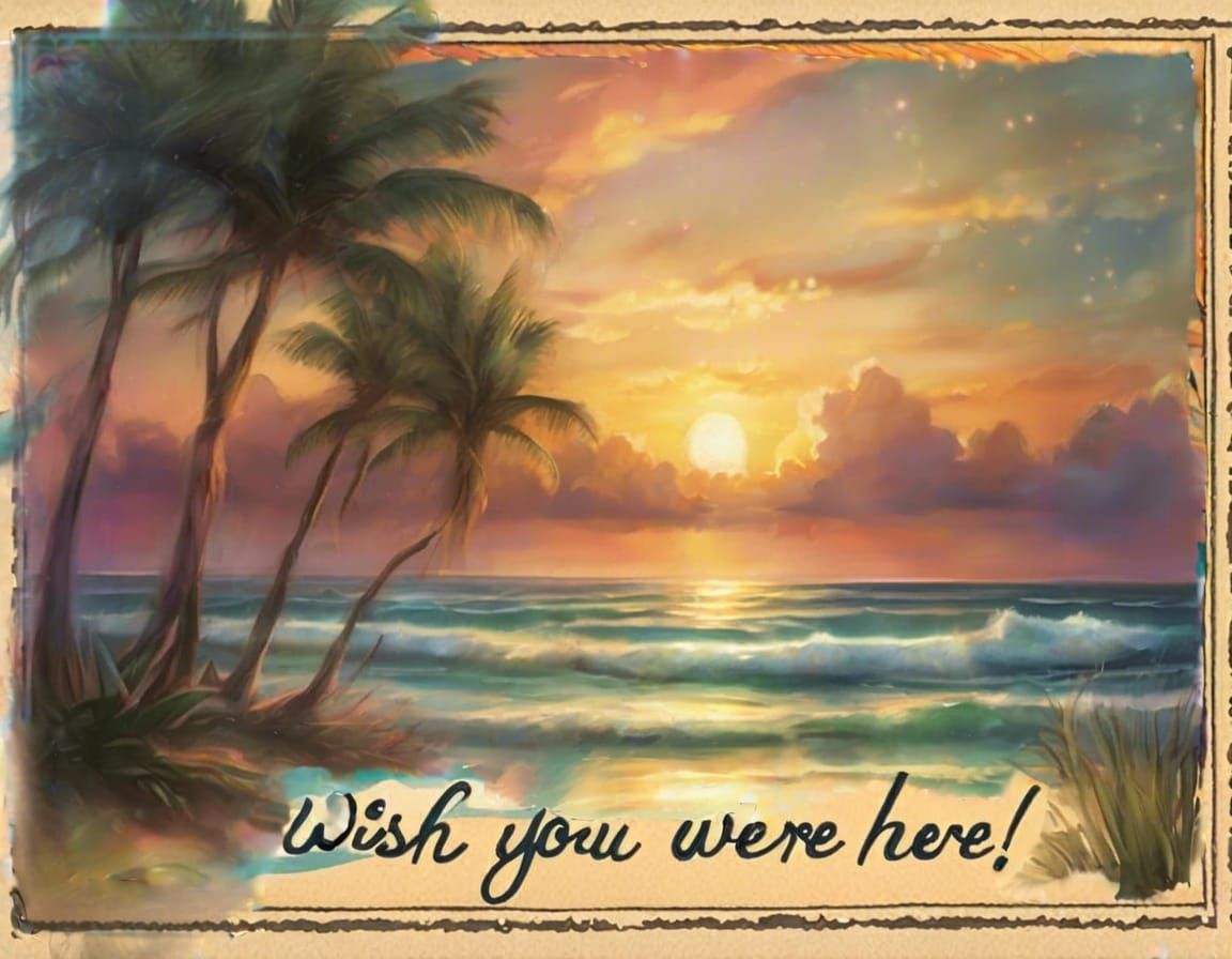 Tropical Beach Sunset Postcard in Photorealistic Style
