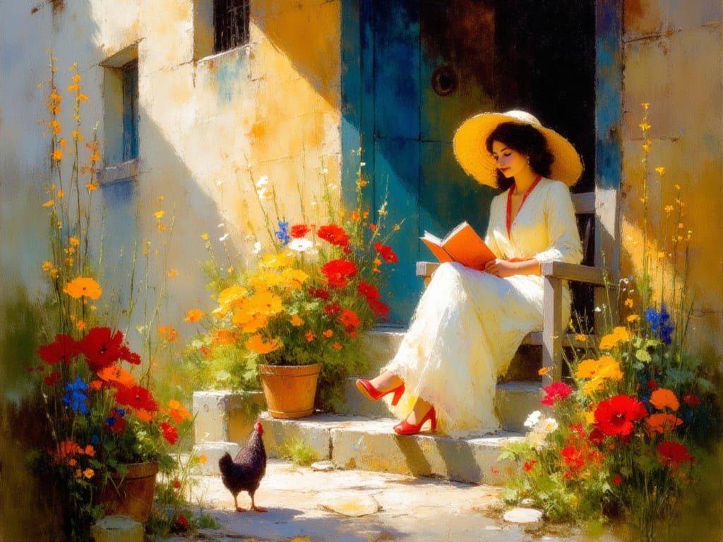Girl Reading in Sunlight, Impressionist Oil Painting