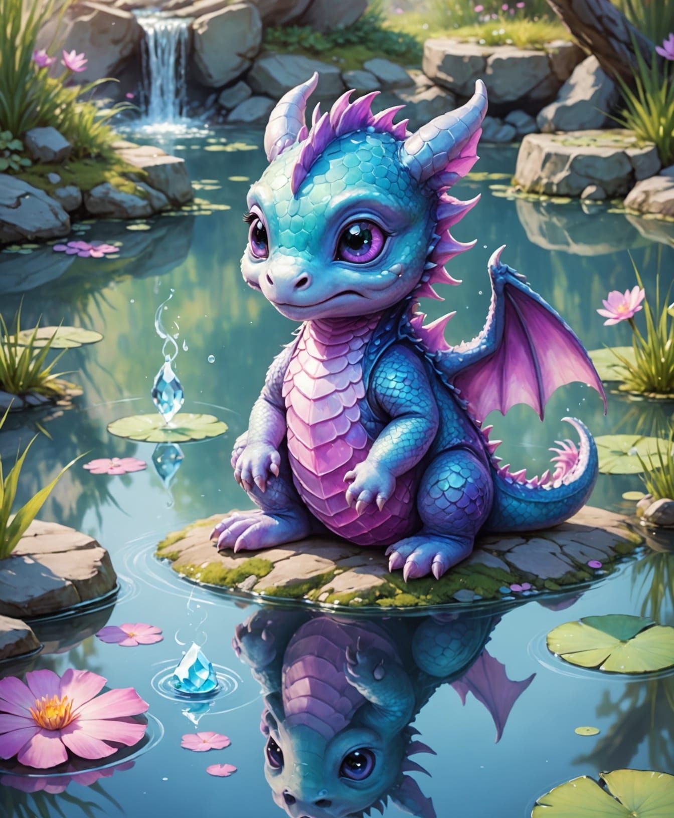 Whimsical Chibi Dragon Basks in Pastel Hues