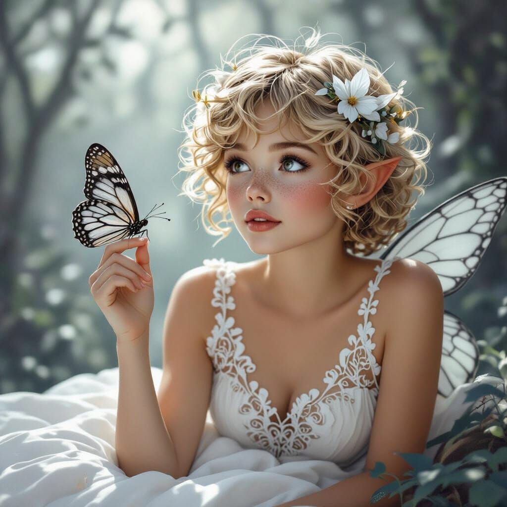 Monochromatic Fairy Gazing at Butterfly, Art Nouveau Style