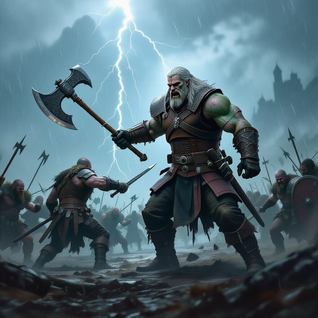 Witcher Battles Orc Warchief in Stormy Rain