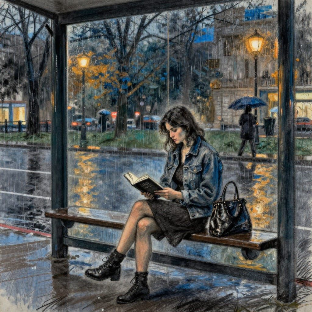 Woman Reading in Rainy Bus Stop Charcoal Drawing