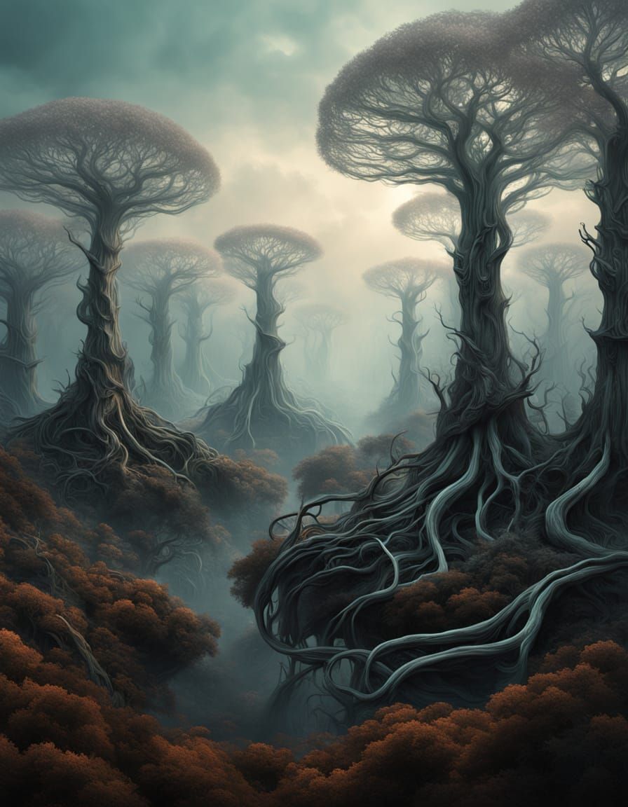 Dreamlike Biomechanical Forestscape in Iridescent Hues