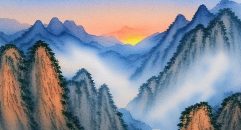 Sunrise Over Rugged Peaks: Chinese Watercolor Painting