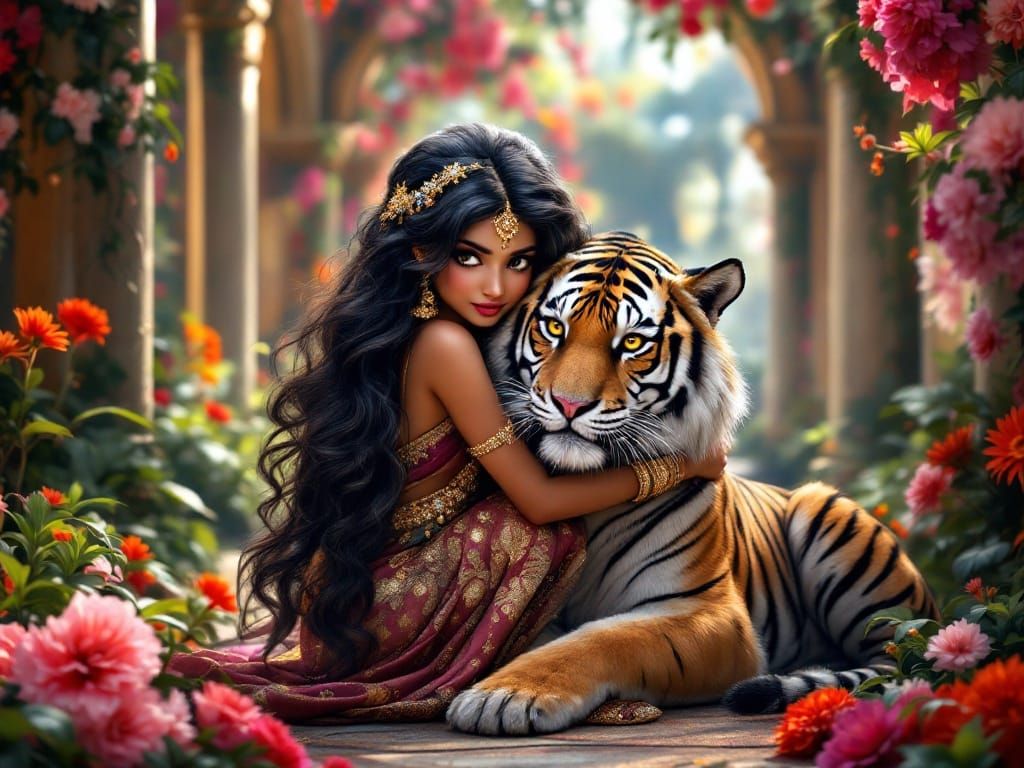 Indian Princess with Tiger in Exotic Garden