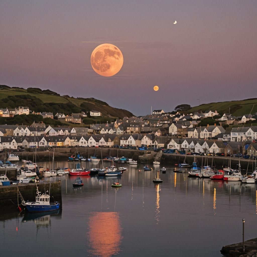 Strawberry Moon Over Cornish Fishing Harbour