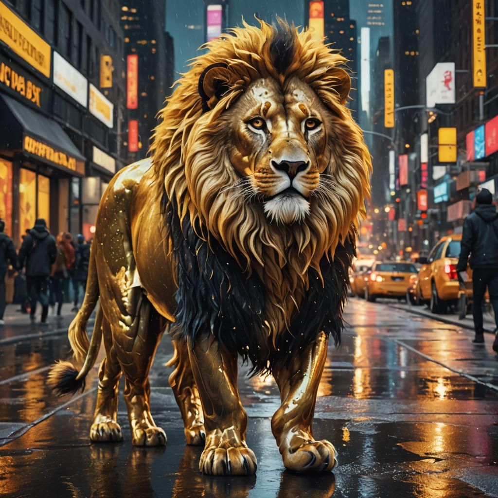 Golden Lion Walks Through New York City