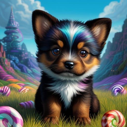 Puppy Runs Through Candy Meadow in Chibi Style
