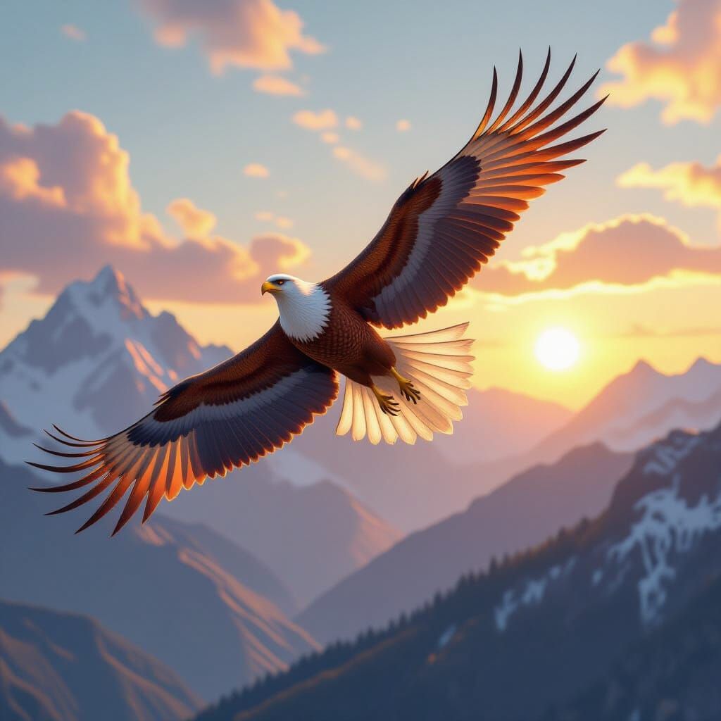 Griffin Soaring Over Sunlit Mountains in Vibrant Colors