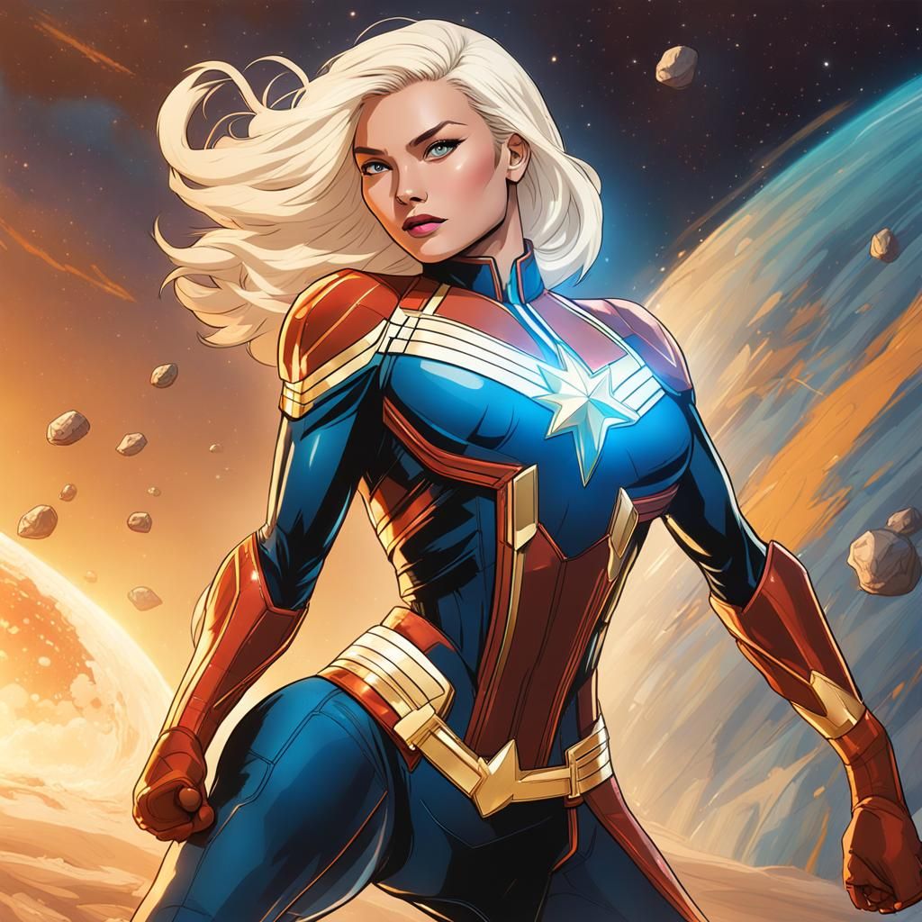 Beautiful Captain Marvel Floating in Deep Space