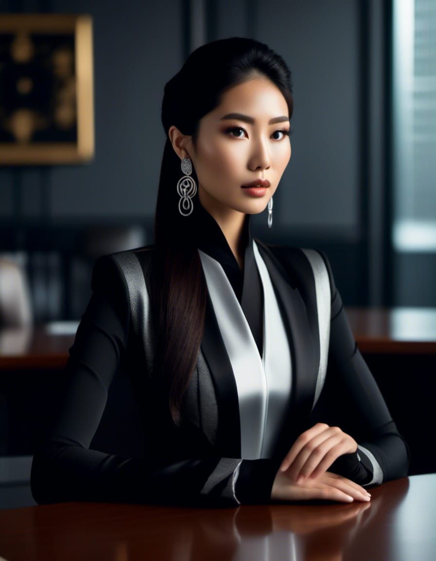 Portrait of a Beautiful silver eyed Asian heritage woman with long flowing black hair wearing solid black and silver Jap...