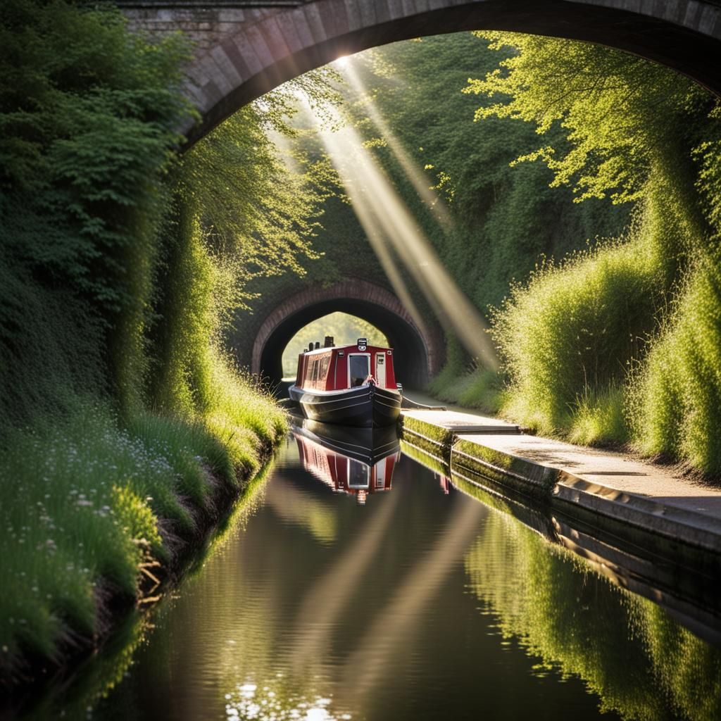 Narrowboat Emerges into Sunlight on UK Canal
