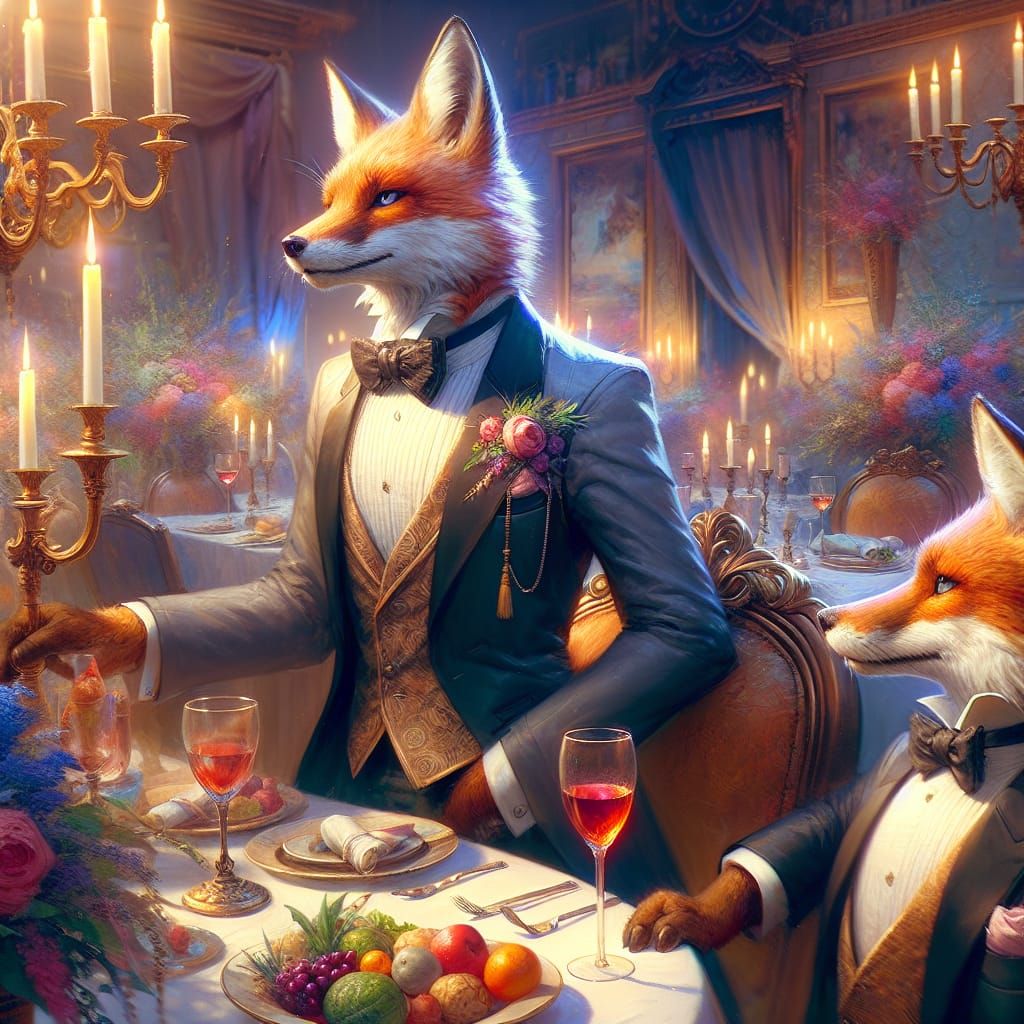 Fox in Tuxedo at Dinner: Fantasy Matte Painting