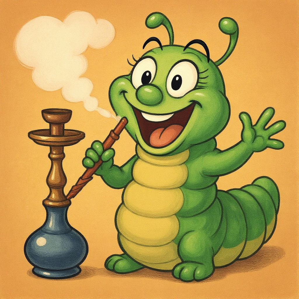 Excited Caterpillar Smoking Hookah Caricature