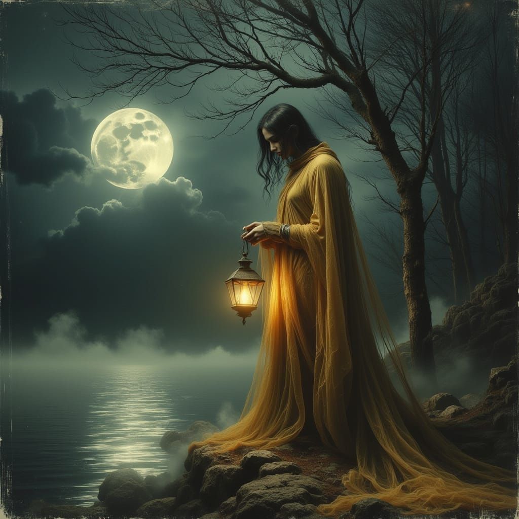 Figure with Lantern by Moonlit Lake