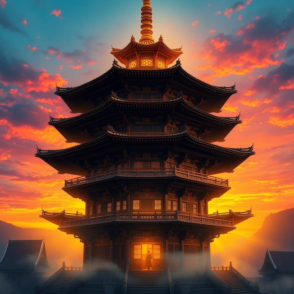 Ornate Pagoda at Sunset in East Asian Ink Wash Style