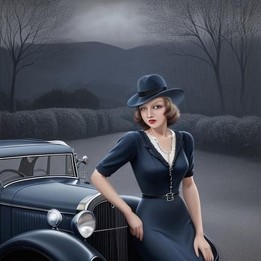 Elegant Woman in 1930s Car, Romantic Landscape
