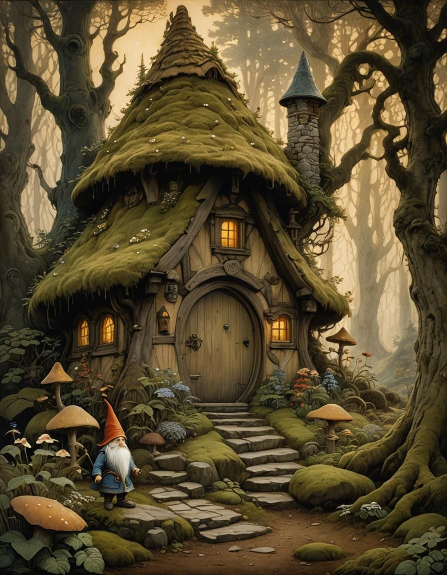 Gnome by Cottage: Matte Oil Painting