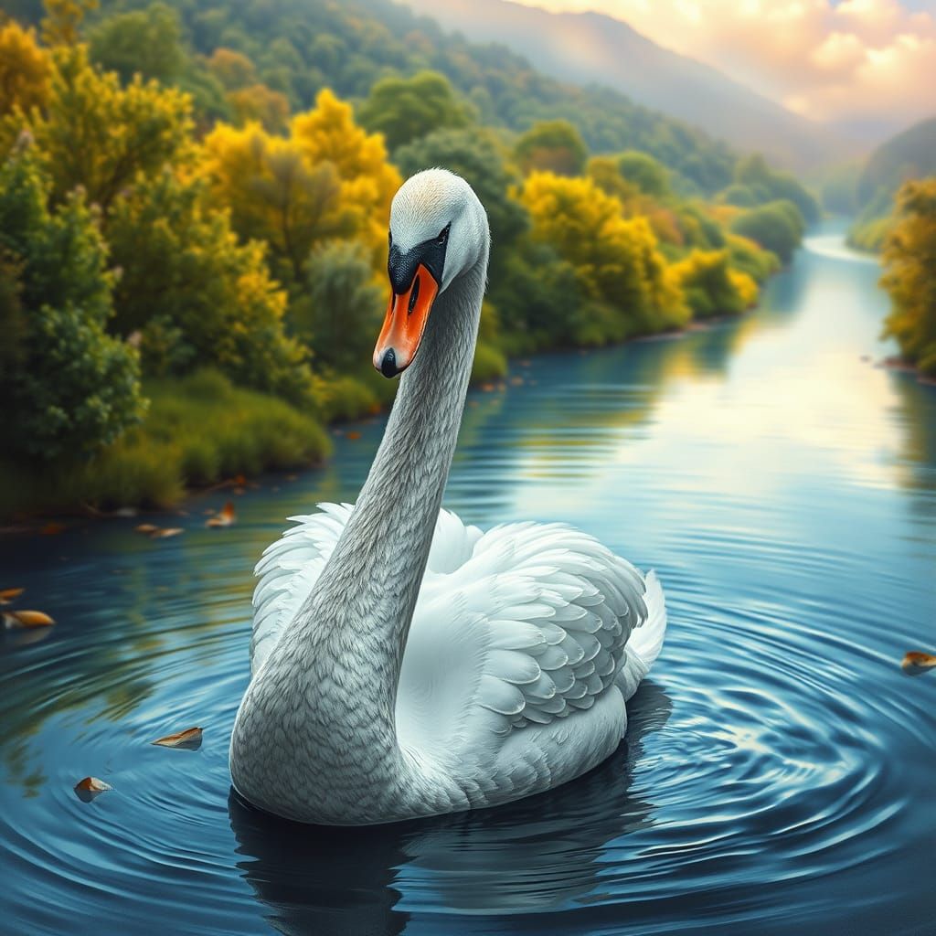 Elegant Swan in Vibrant Landscape, Charcoal Drawing in Hyper...