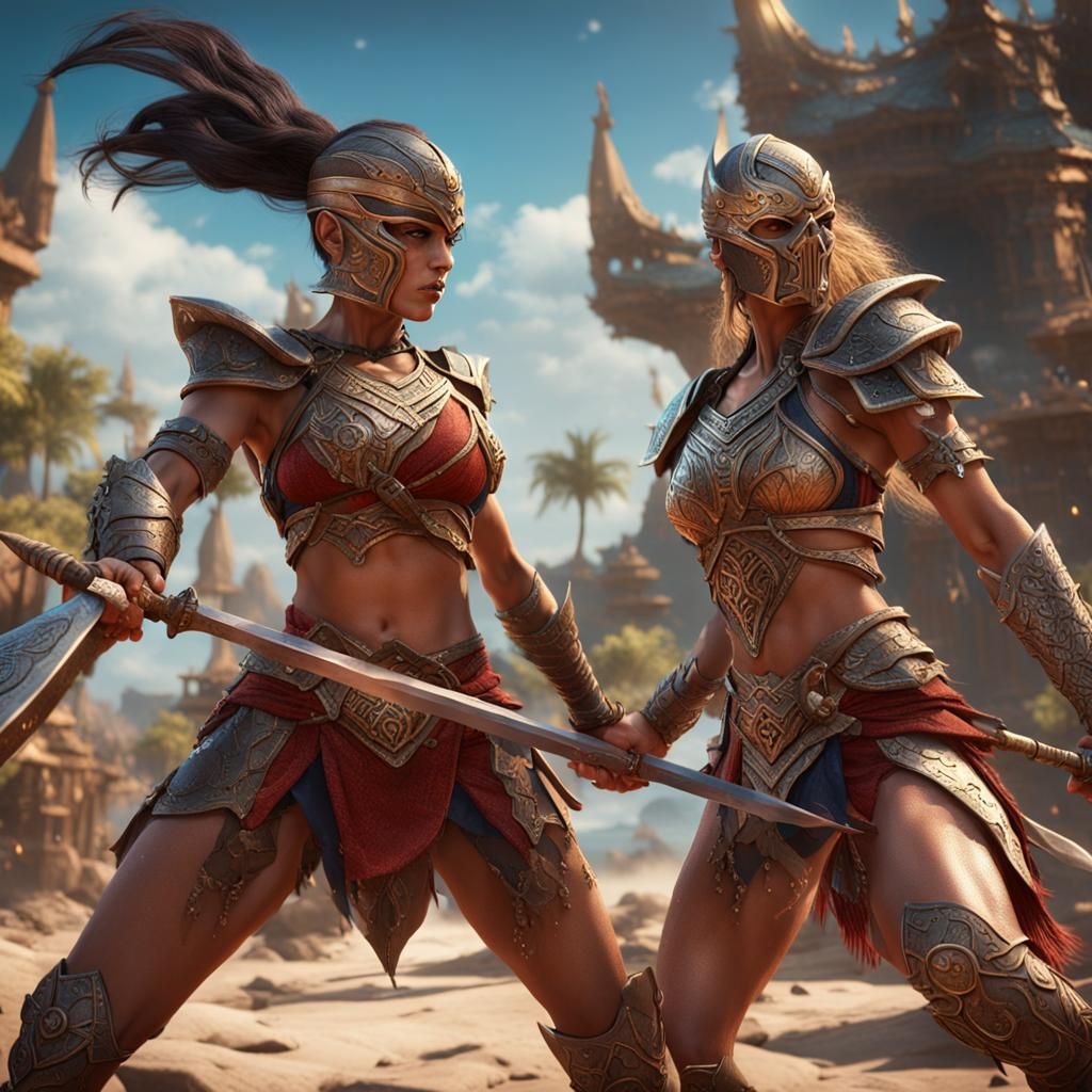 Female Warriors Duel: Detailed Fantasy Concept Art
