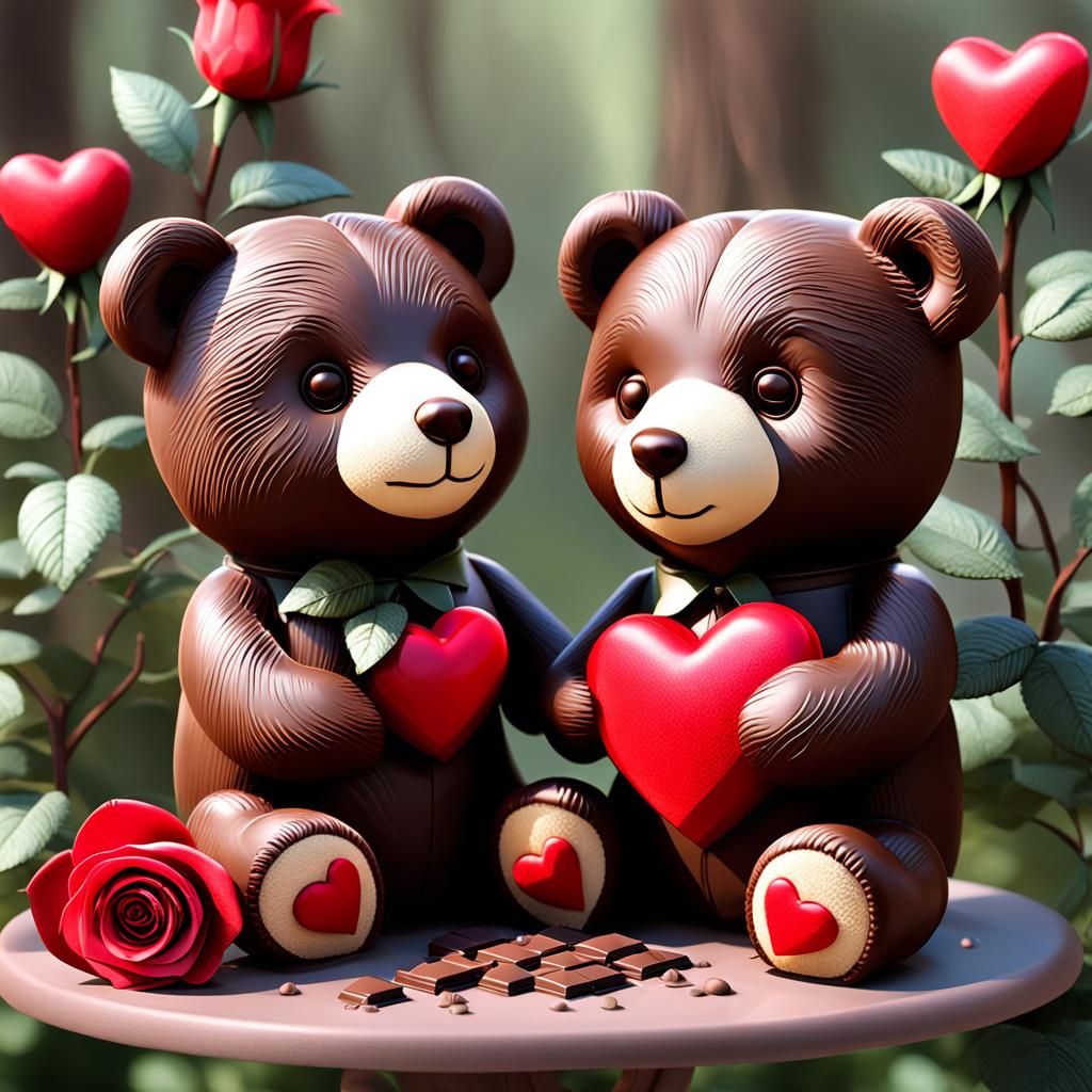 Chocolate Teddy Bears with Hearts and Roses