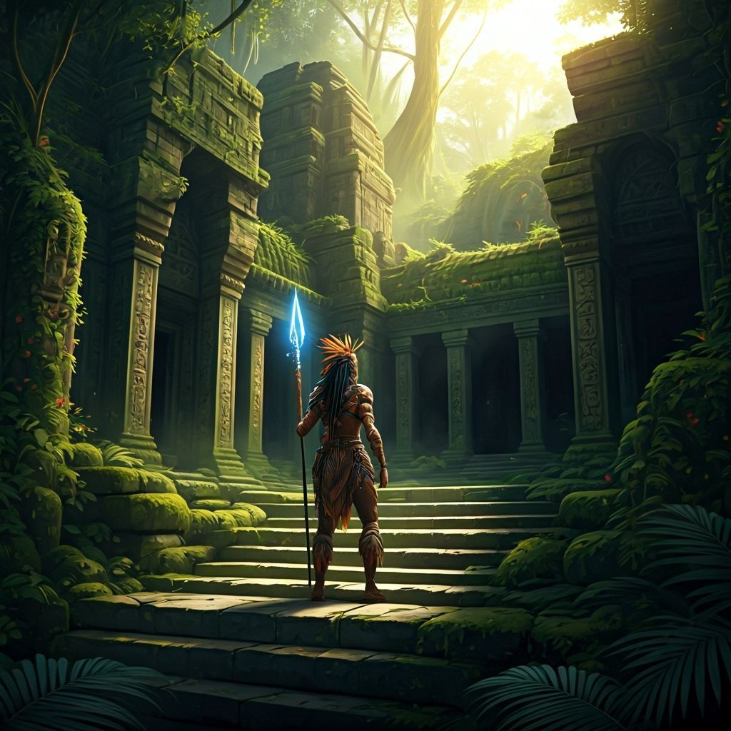 Amazonian Warrior with Glowing Spear in Jungle Temple