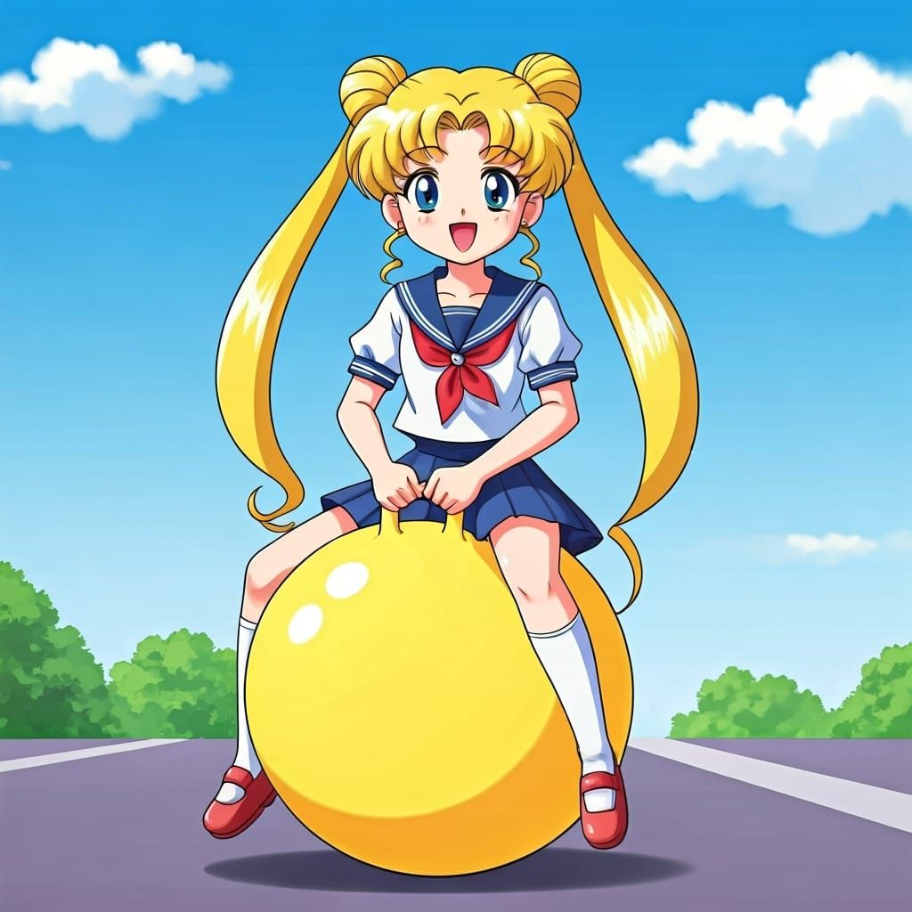 Usagi Tsukino Bouncing to School on Hopper Ball
