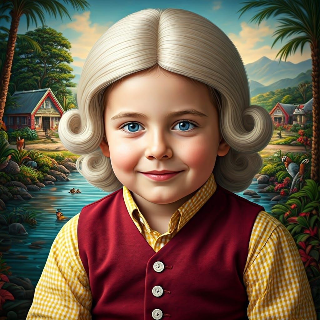 boy with a happy, calm and peaceful facial expression, beautiful eyes, blond hair and wigs, a yellow and white ch...