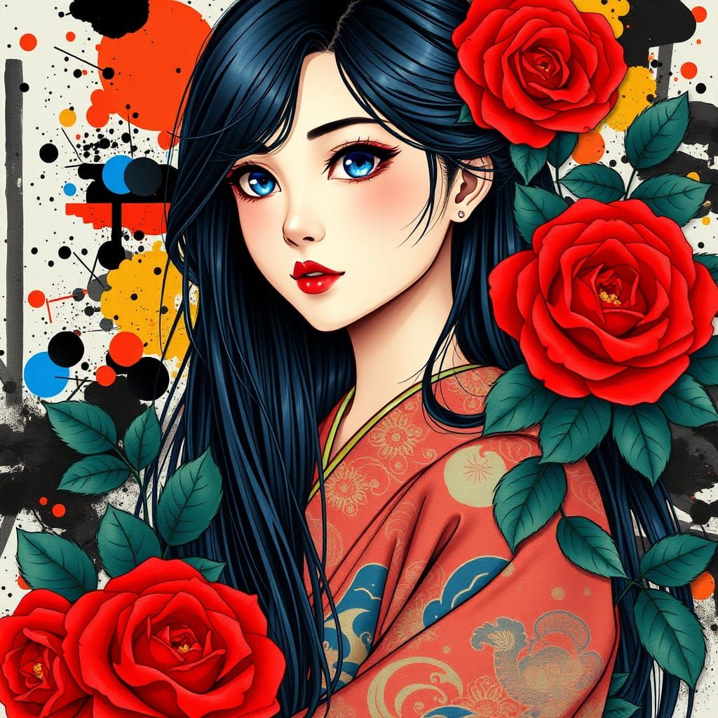 Anime-Inspired Portrait of a Young Woman in Traditional Kimo...