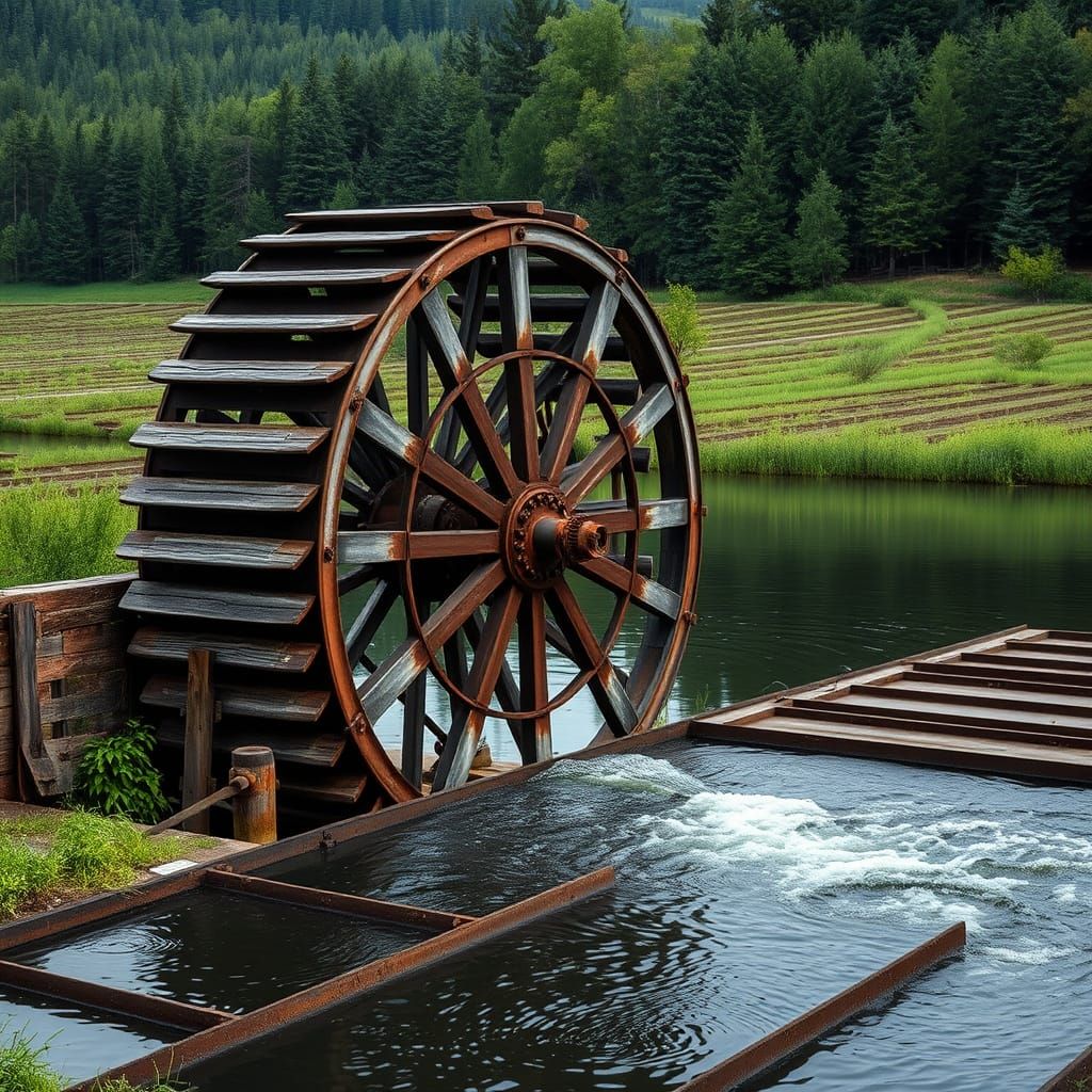 Historic Waterwheel Amidst Serene Lake Landscape in Hyperrea...