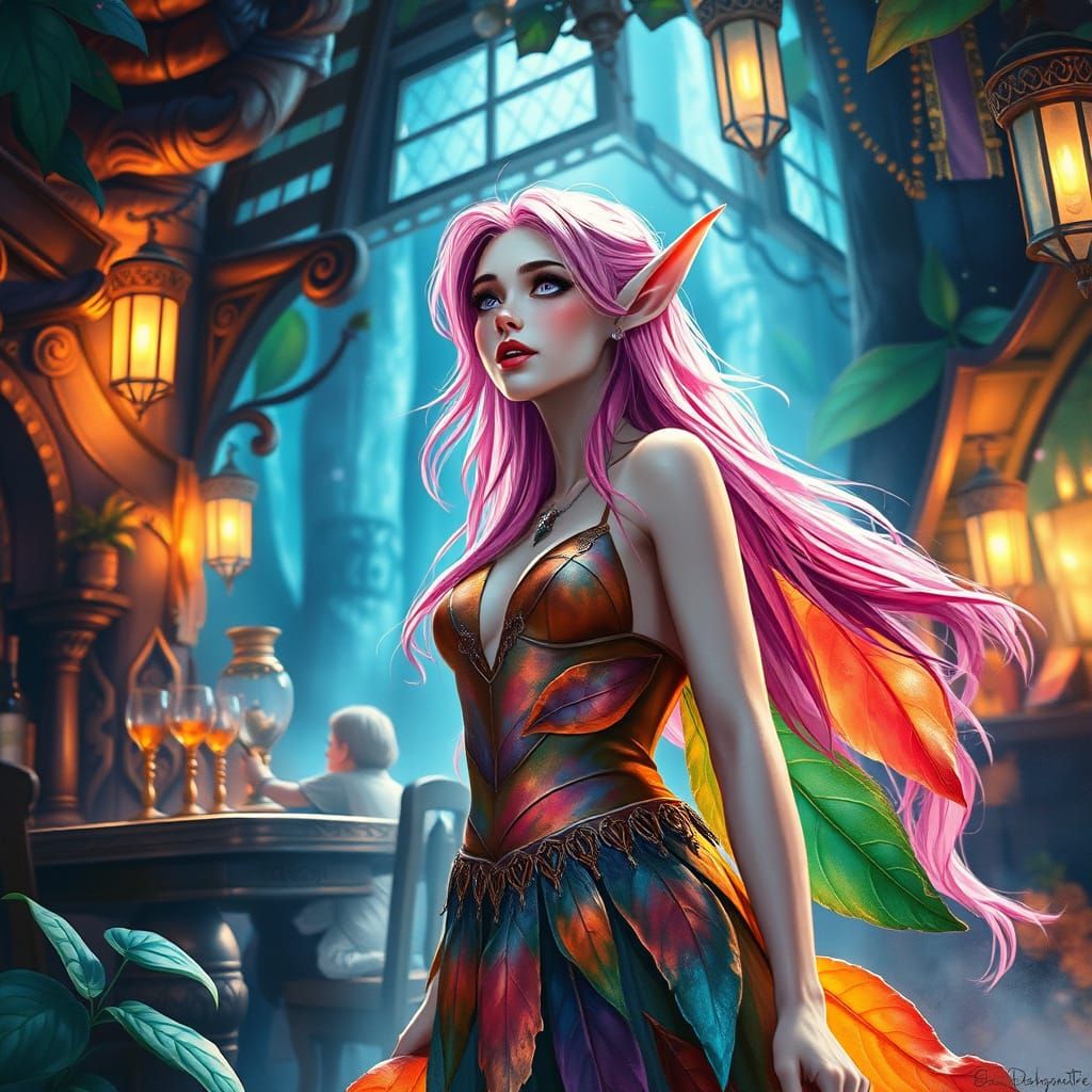 Elf Singer in Forest Tavern, Watercolor Concept Art
