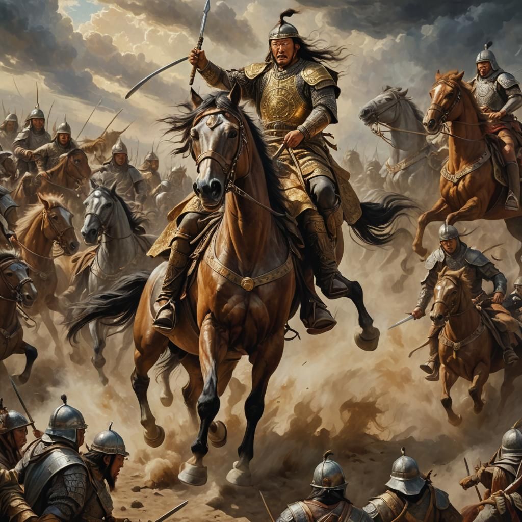 Genghis Khan Leading Troops, Historical Oil Painting
