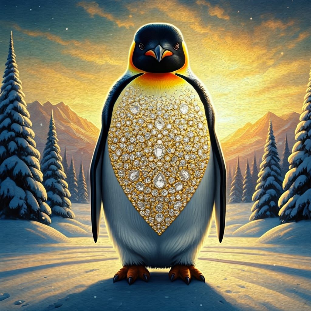 Bejeweled Penguin in Neo-Impressionist Style