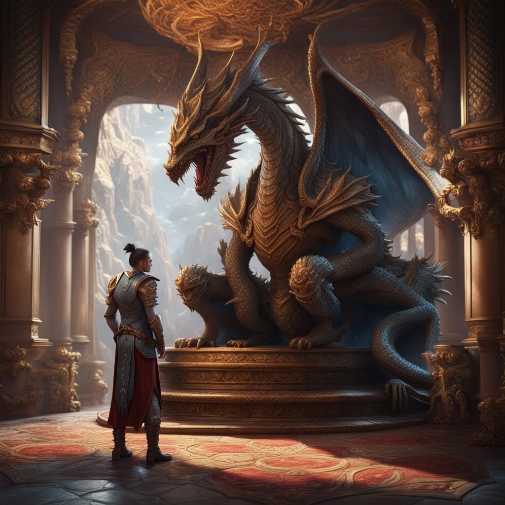 Dragon on Throne with Kneeling Warrior