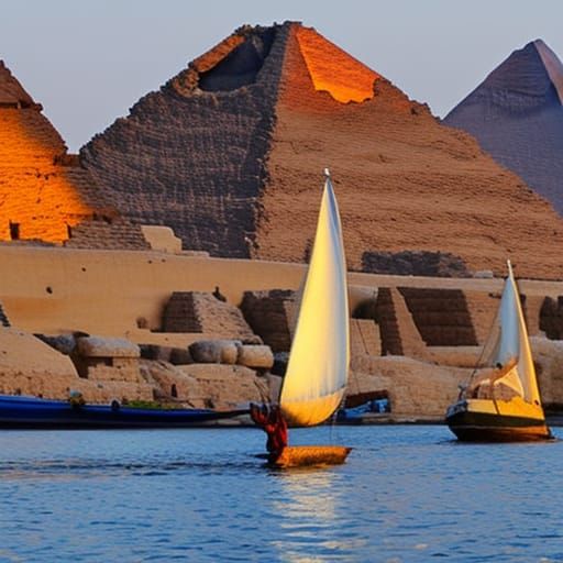 Felucca Sailboats on the Nile Near Pyramids