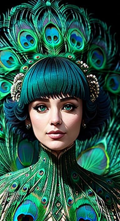 Ethereal Lady Silhouetted by Vibrant Peacock Feathers