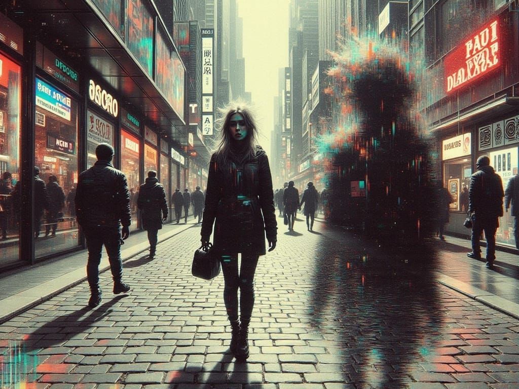 Glitchcore Woman Dissolving in City Street