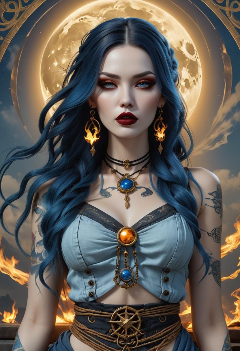 Gothic Goddess with Knotted Hair and Golden Flames