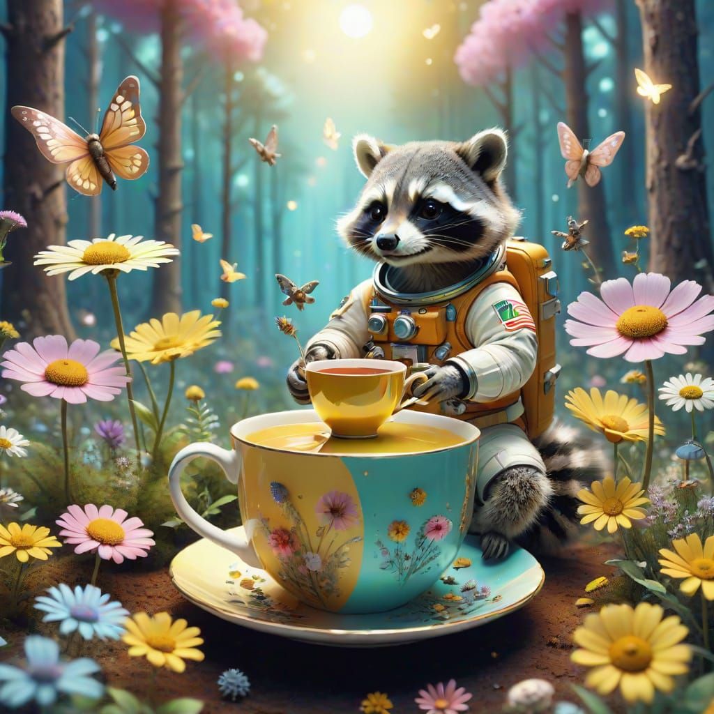 Whimsical Astronaut in a Flower Cup, Surrounded by Fairies i...