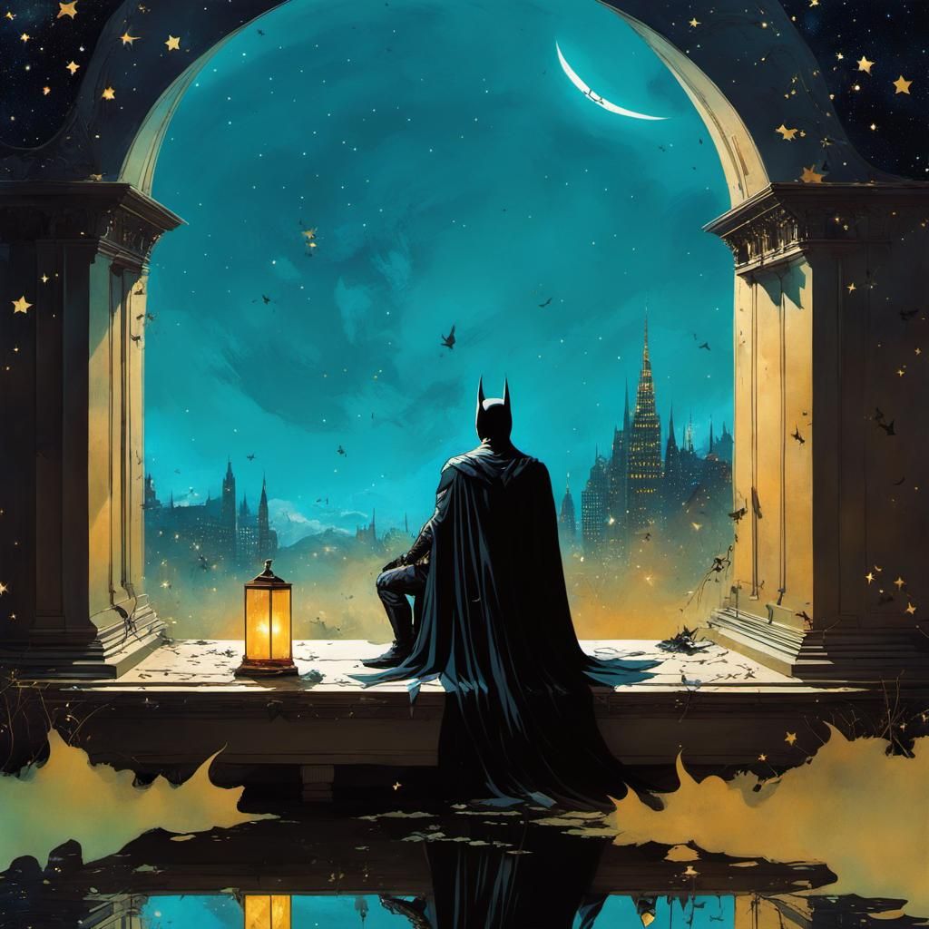 Batman Silhouette in Starry Night Collage Art