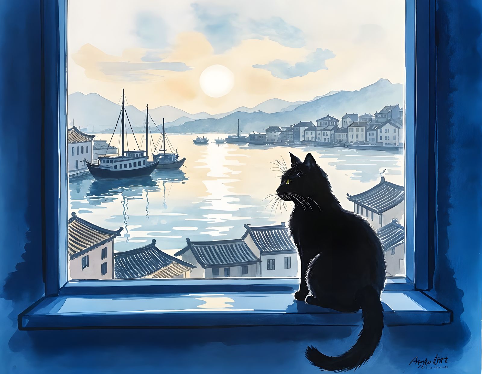 Black Cat Watching Harbour in Chinese Ink Painting