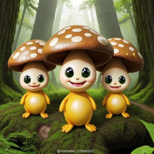 Anthropomorphic Mushrooms in Lush Forest Macro Photograph