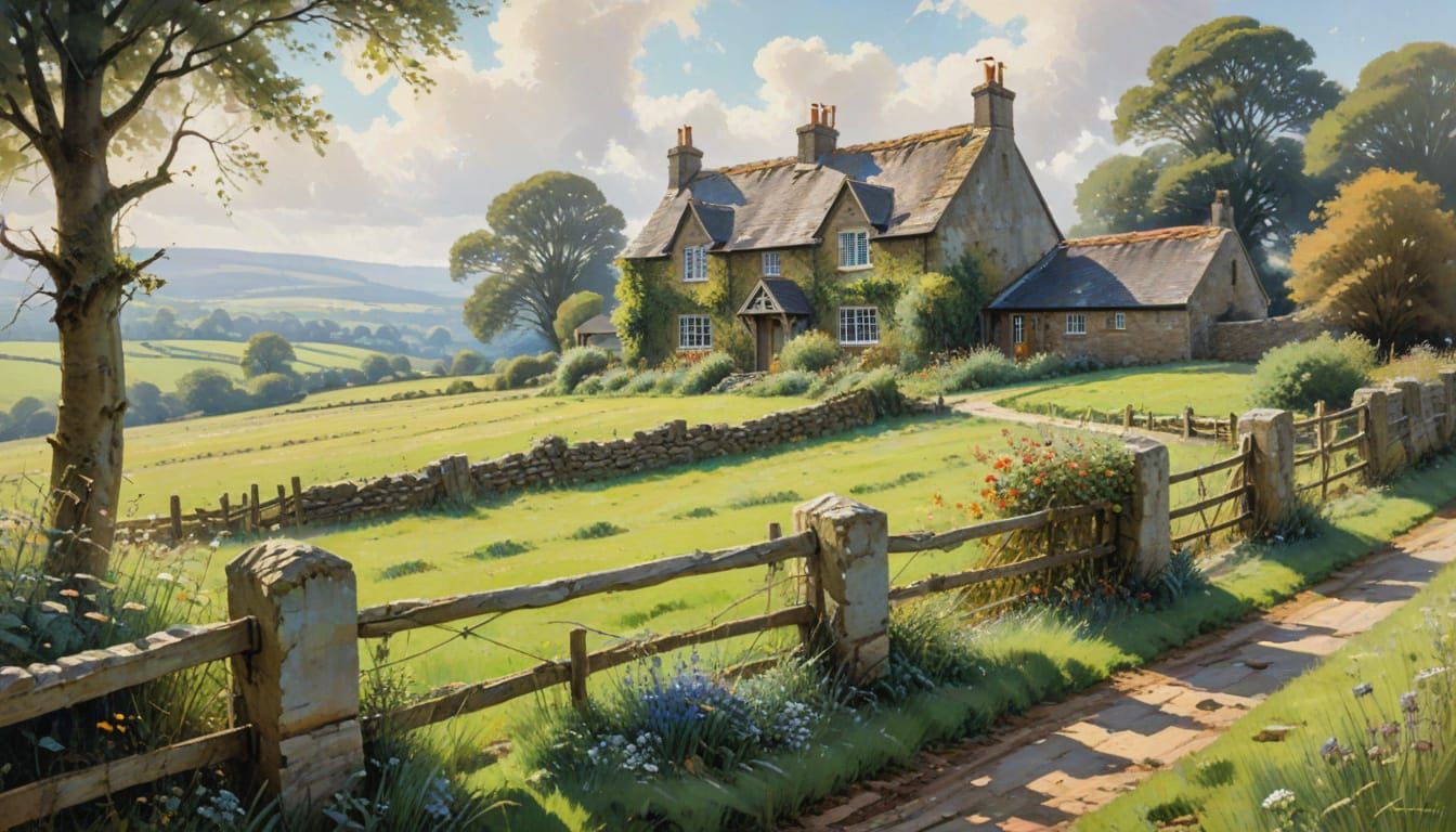 Serene Countryside Scene in Oil Painting Style