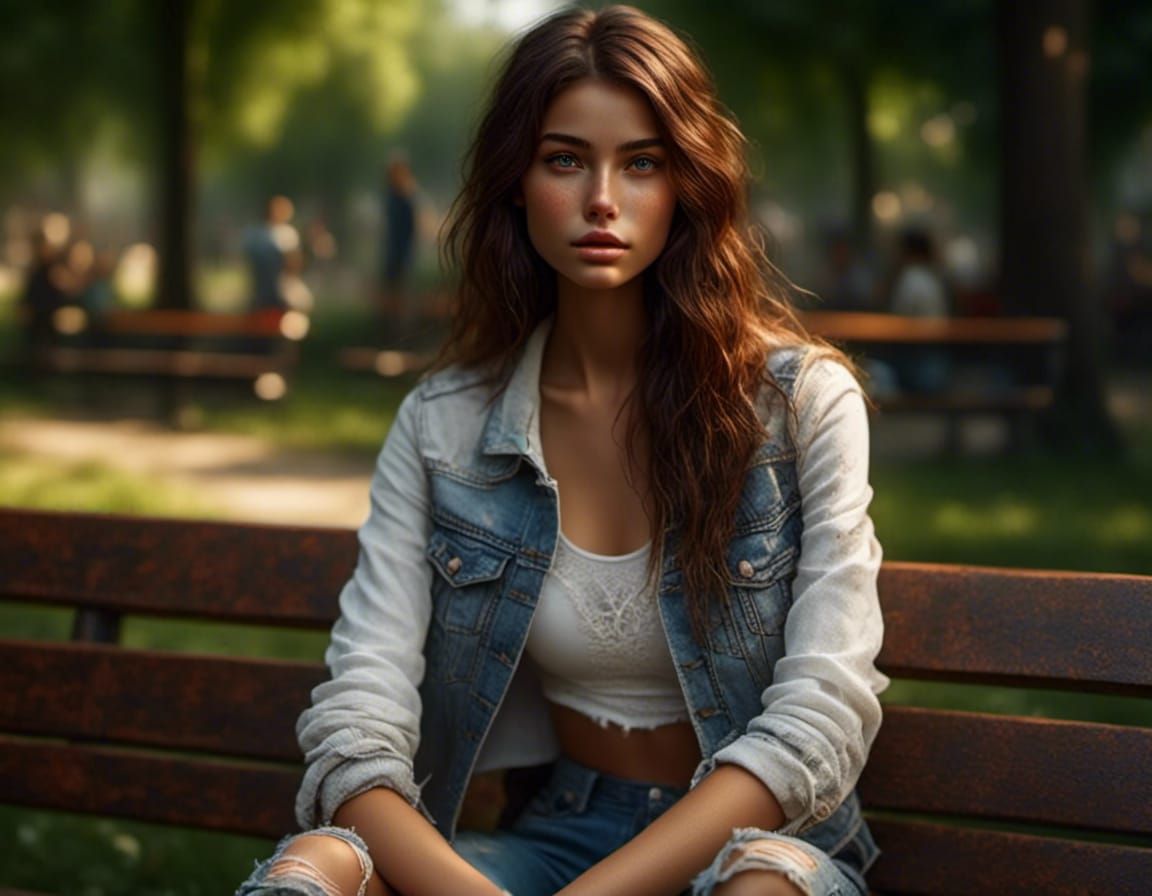 Detailed Portrait of a Young Woman on Park Bench