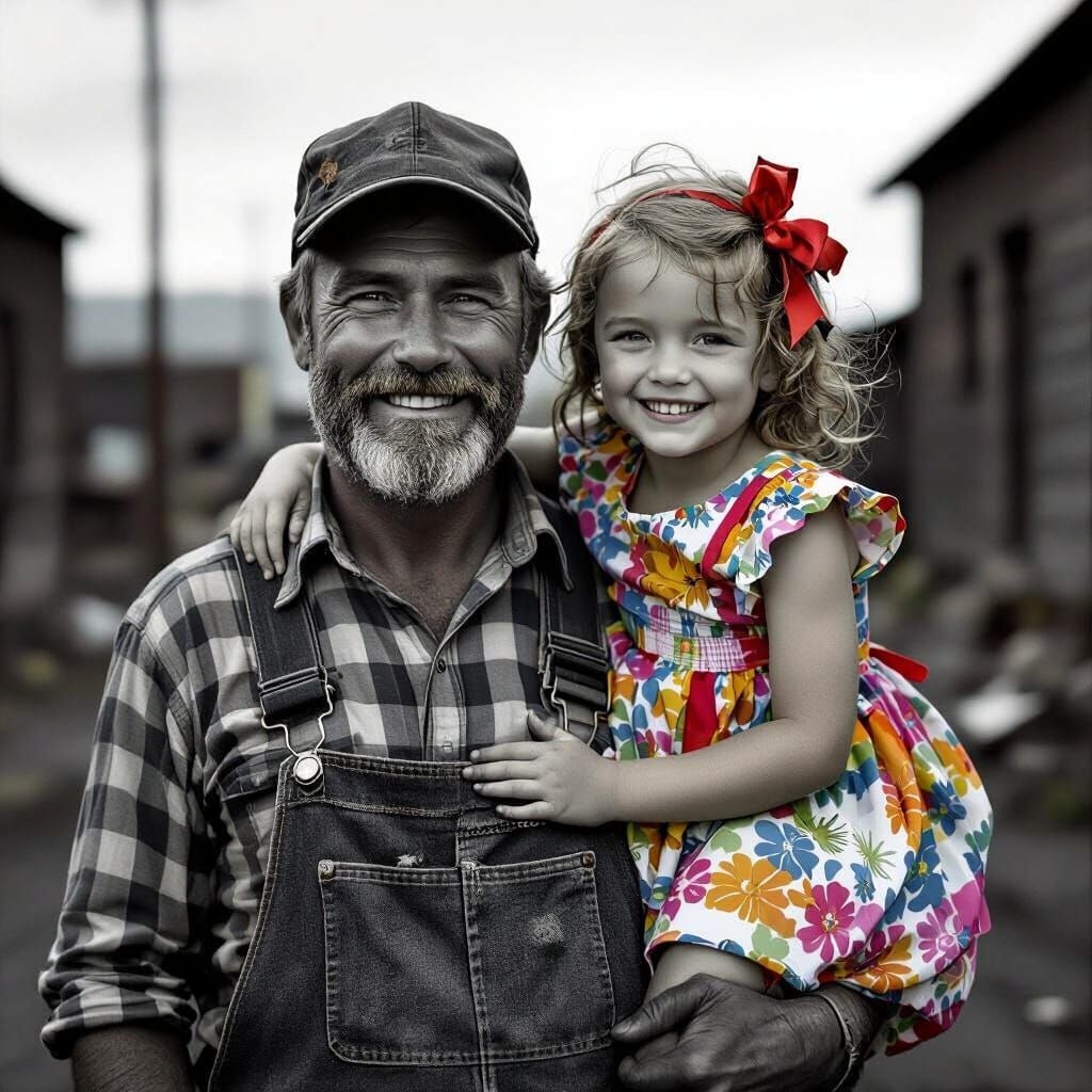 Miner and Daughter: Gritty Black and White Photo