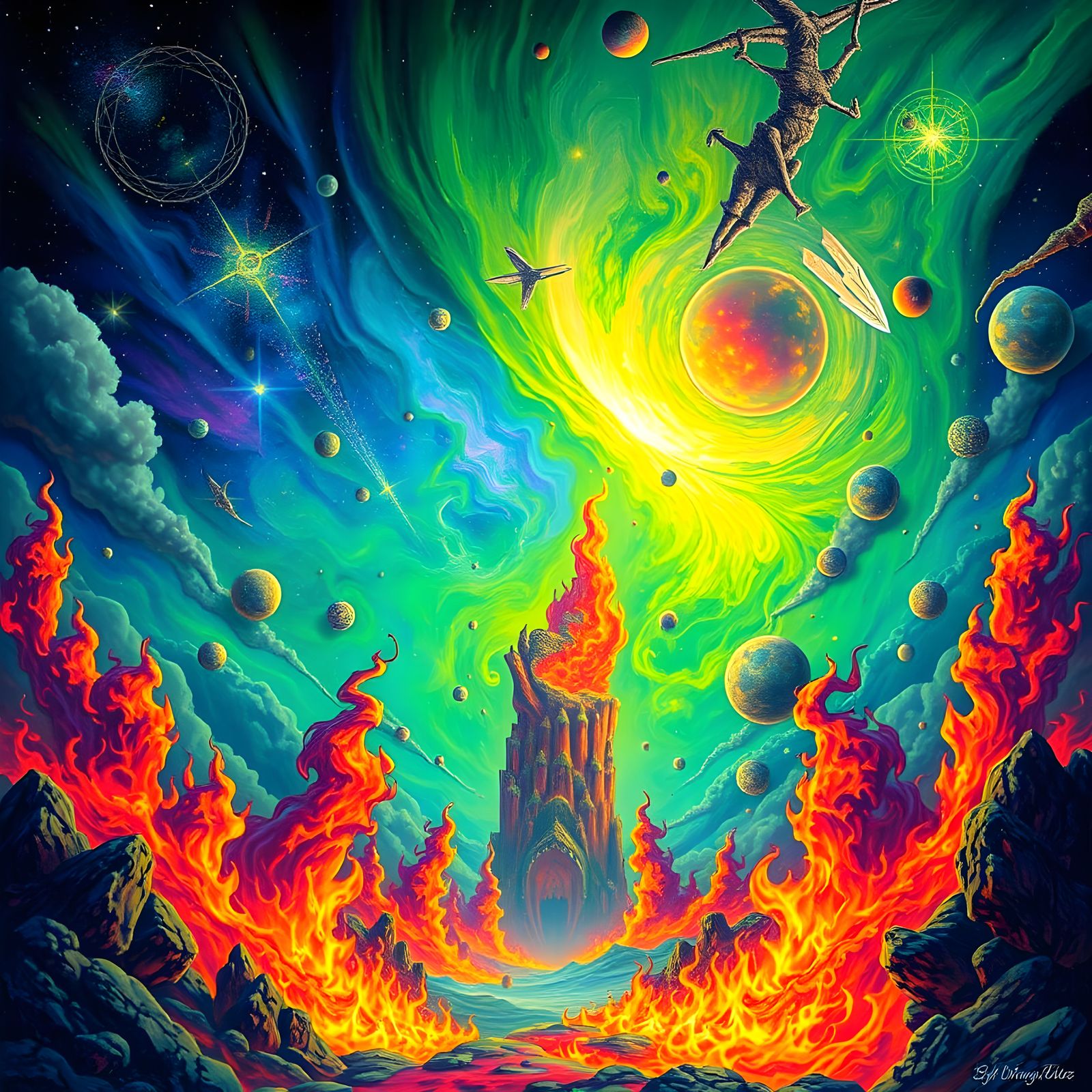 Cosmic Neon Green Sky on Fire in Astral Illustration