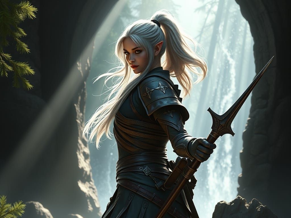 Elf Huntress Near Portal in High Fantasy Scene