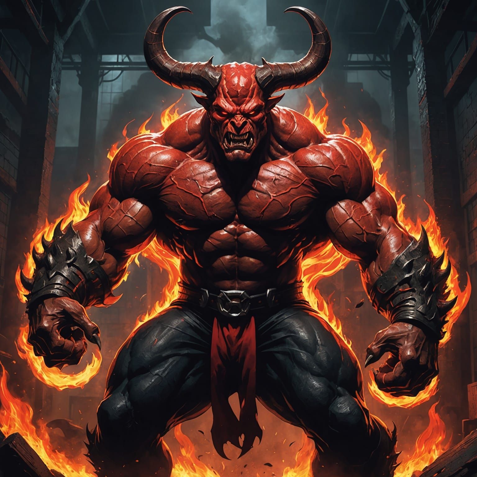 Demonic Bodybuilder Poses with Fire, Comic Book Art