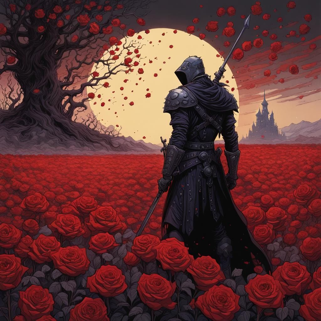 Dark Paladin in Bloody Roses, Epic Oil Painting