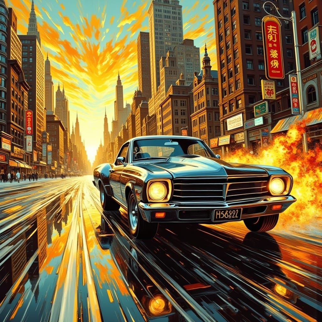 Description: Imagine a vibrant scene where the hot rod, with its gleaming metallic body, roars through the streets amids...